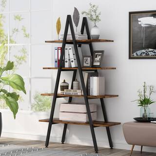 BYBLIGHT Eulas 65 in. Rustic Brown Wood 4-Shelf Ladder Bookcase A-Shaped Bookcase Leaning Plant Stand Storage Rack BB-U0033GX