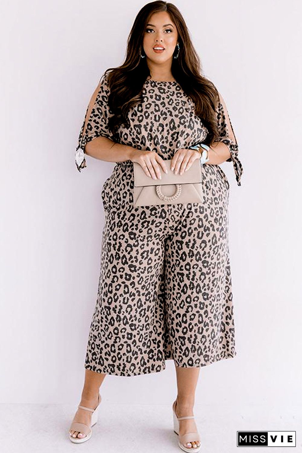 Leopard Print Cut-out Half Sleeve Plus Size Jumpsuit