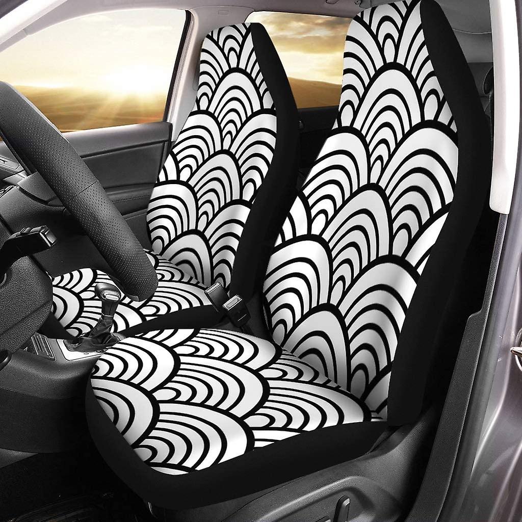 Set Of 2 Car Seat Covers White Black Traditional Wave Seigaiha Universal Auto Front Seats Protector Fits For Car，suv Sedan，truck