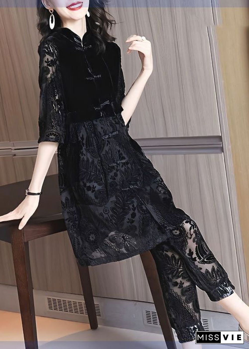 Chinese Style Black Stand Collar Asymmetrical Lace Dress And Crop Pants Two Piece Set Fall