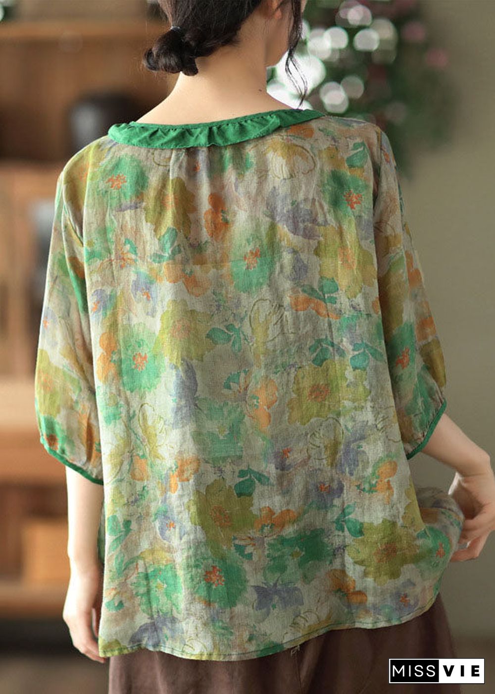 Simple Black O Neck Patchwork Print Linen Shirt Tops Half Sleeve