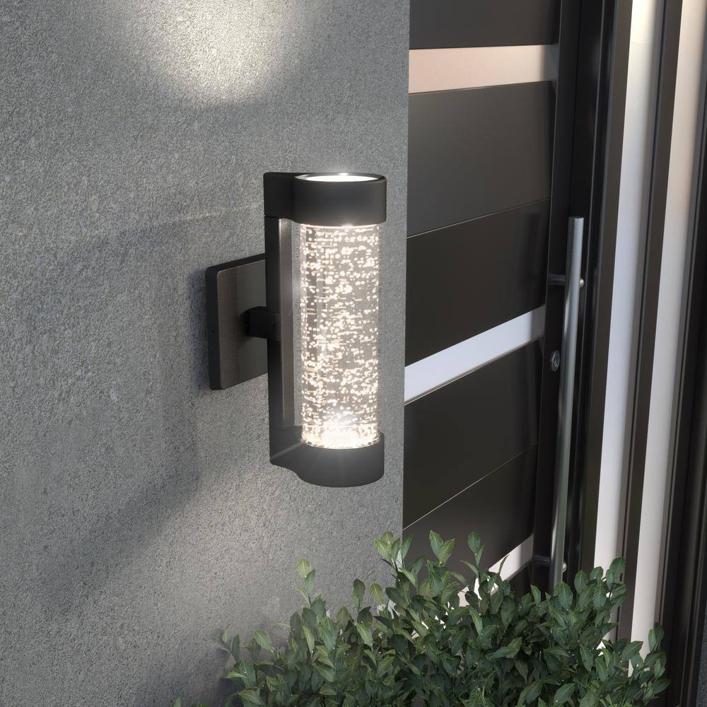 Home Decorators Collection Ansel Black Modern Bubble Glass Integrated LED Outdoor Hardwired Garage and Porch Light Cylinder Sconce AMP105-HDCBL