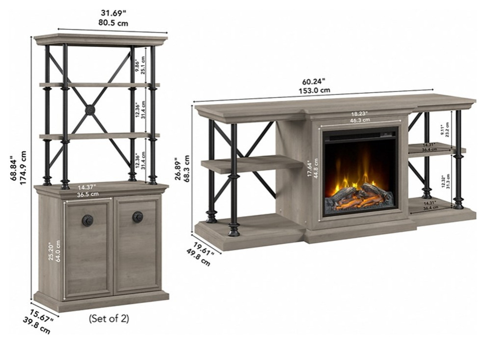 Coliseum Fireplace TV Stand with Bookcases in Driftwood Gray   Engineered Wood   Entertainment Centers And Tv Stands   by Homesquare  Houzz