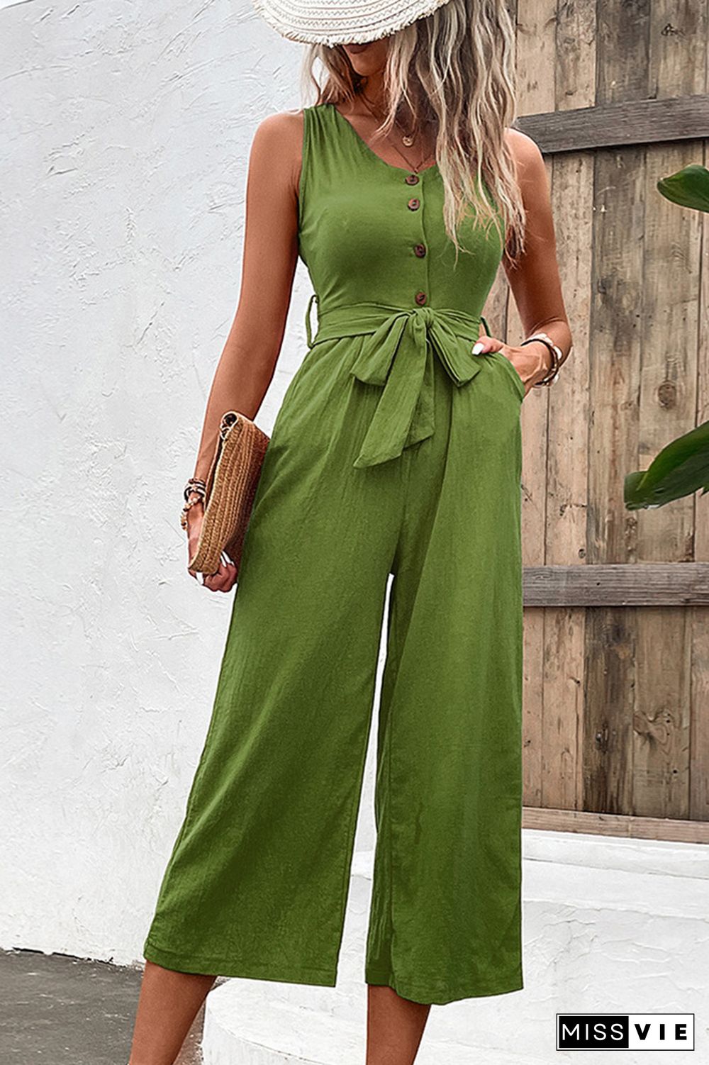 Plain V Neck Buttoned Wide Leg Jumpsuit With Sash