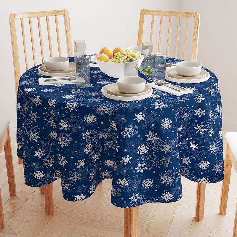 Round Tablecloth， 100% Polyester， 70 Round， Winter Blue Snowflakes