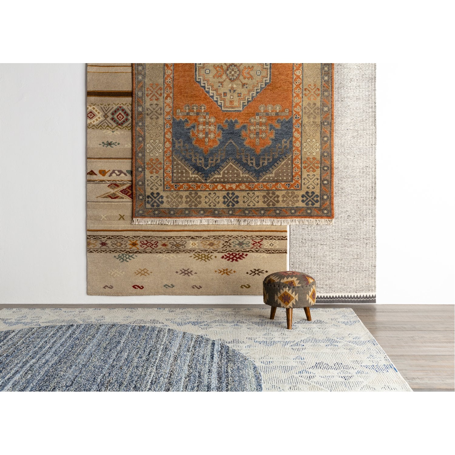 Isparta Hand Knotted Rug in Camel, Tan, Moss, Burnt Orange, Navy, Denim