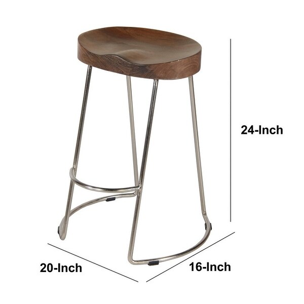 Farmhouse Counter Height Barstool with Wooden Saddle Seat and Tubular Frame， Small