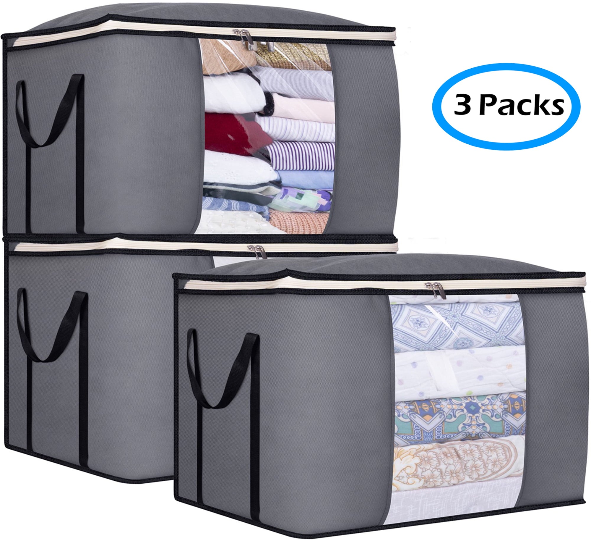 MISSLO 100L Clothes Storage Organizer 3PCS Foldable Comforter Blanket Bags Large Clothing Containers for Closet, Bedroom, Gray