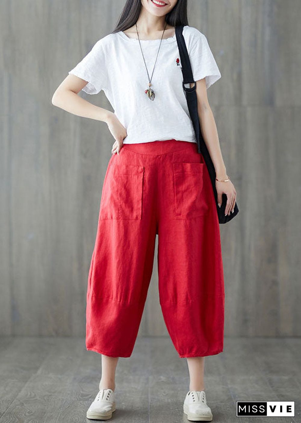 Red Pockets Patchwork Linen Crop Pants Elastic Waist Summer