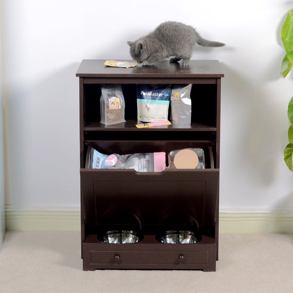 Pet Feeder Station Cabinet End Table with Storage， Stainless Bowl