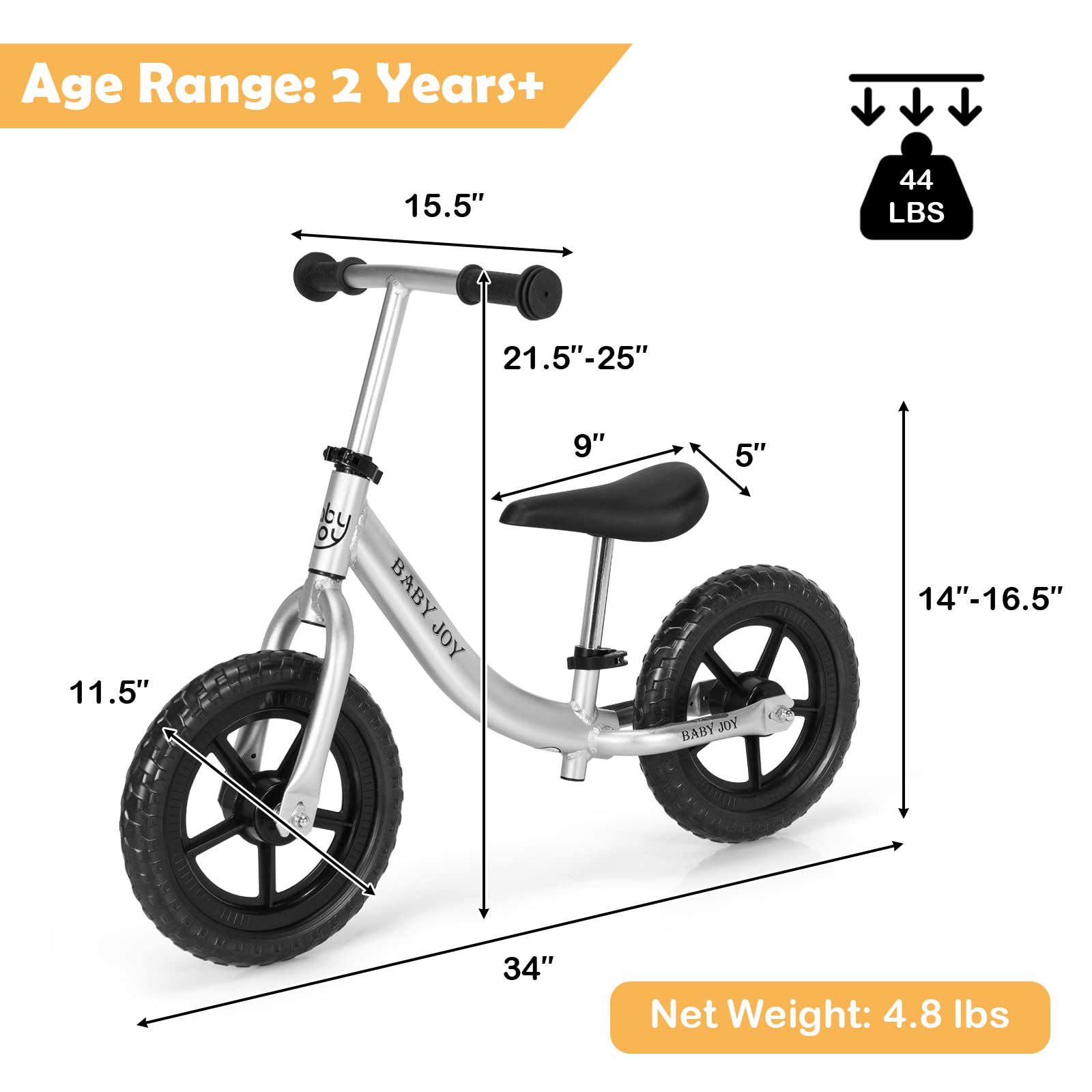 BABY JOY Kids Balance Bike, No Pedal Training Bicycle with Adjustable Handlebar & Seat