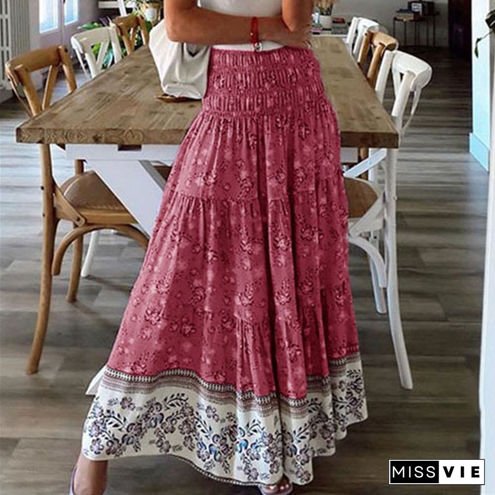 Plus Size Skirt Boho Style Floral Printed High Waist Skirt Holiday Beach Long Skirt Jupes