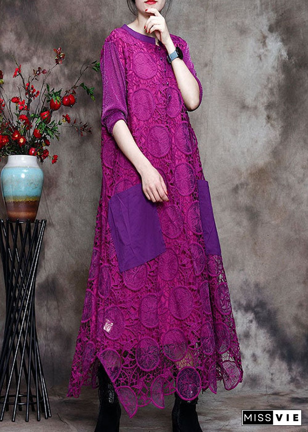 Plus Size Purple Lace Pockets side open Fall Long sleeve Dresses