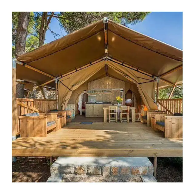 outdoor large glamping prebuilt yurt house Luxury Hotel project safari tent supplier wooden pole resort camp tent beach tent