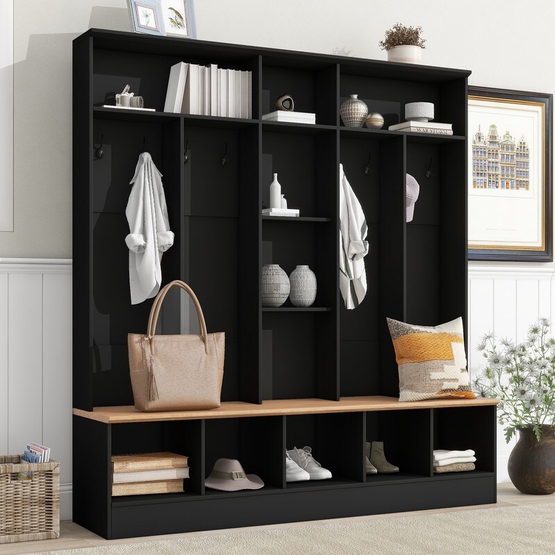 Hall Tree with Storage Bench  Shoe Cabinet with Cube Storage   Shelves  Entryway Bench Coat Rack Mudroom Bench with 8 Hooks