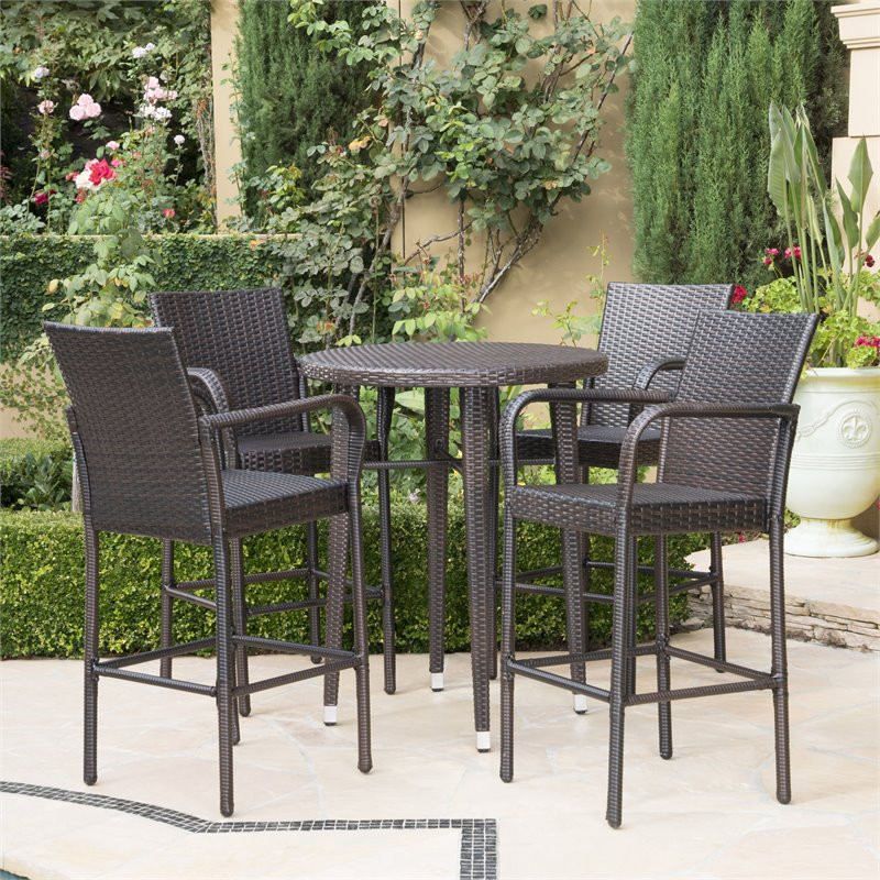 Noble House Patina Outdoor 5 Pc Multi Brown Wicker 32.5 quotRound Bar Table Set   Tropical   Outdoor Dining Sets   by Homesquare  Houzz