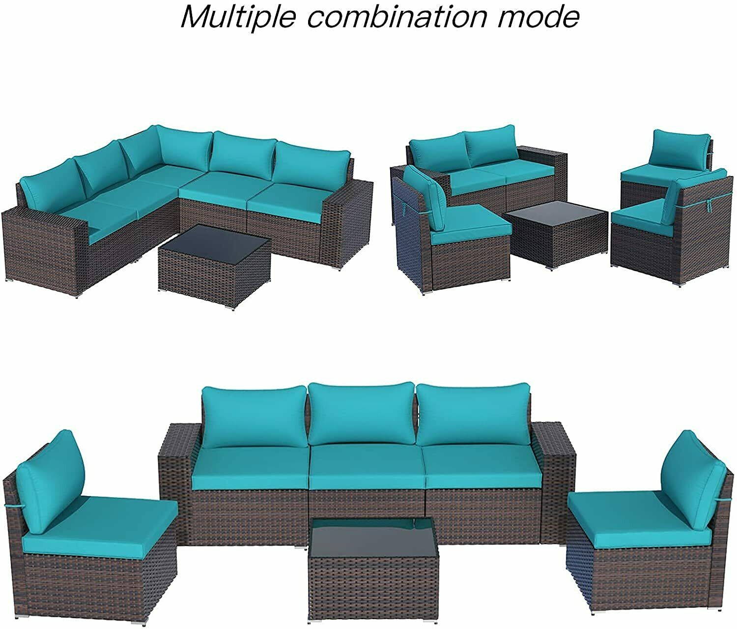 Gotland 6 Piece Patio Conversation Set, Outdoor Sectional Sofa Rattan Wicker Patio Furniture Set, Blue