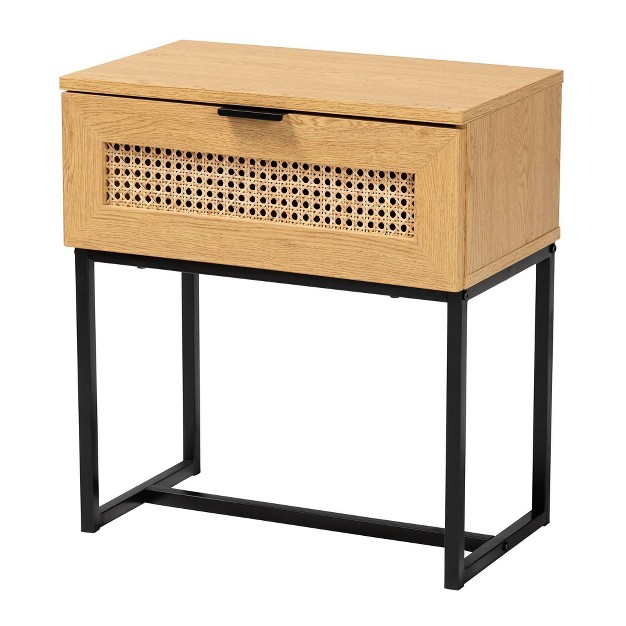 Sawyer Wood And Metal 1 Drawer End Table With Natural Rattan Oak Brown black Baxton Studio