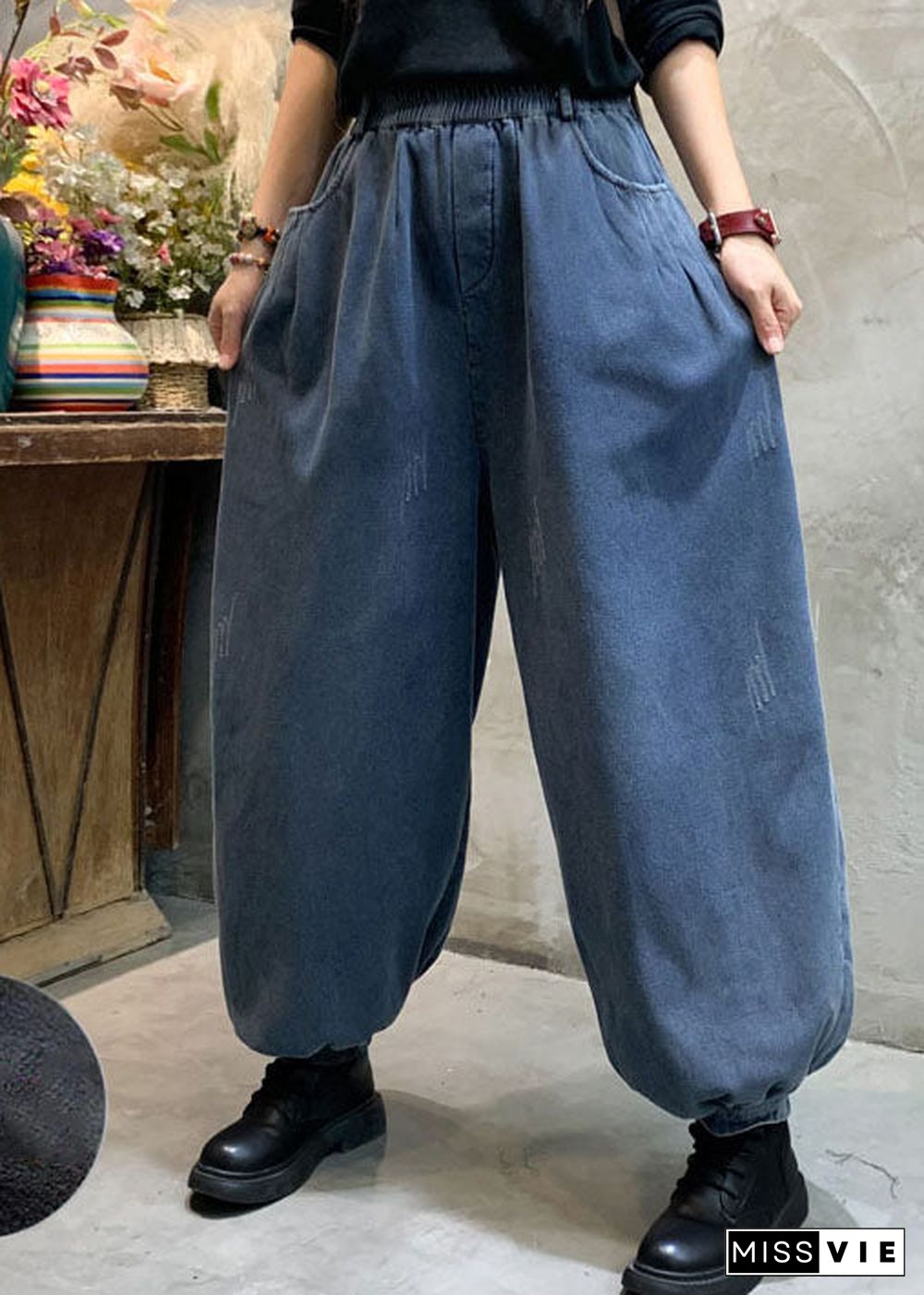 Fashion Blue denim lantern Pants Winter thick