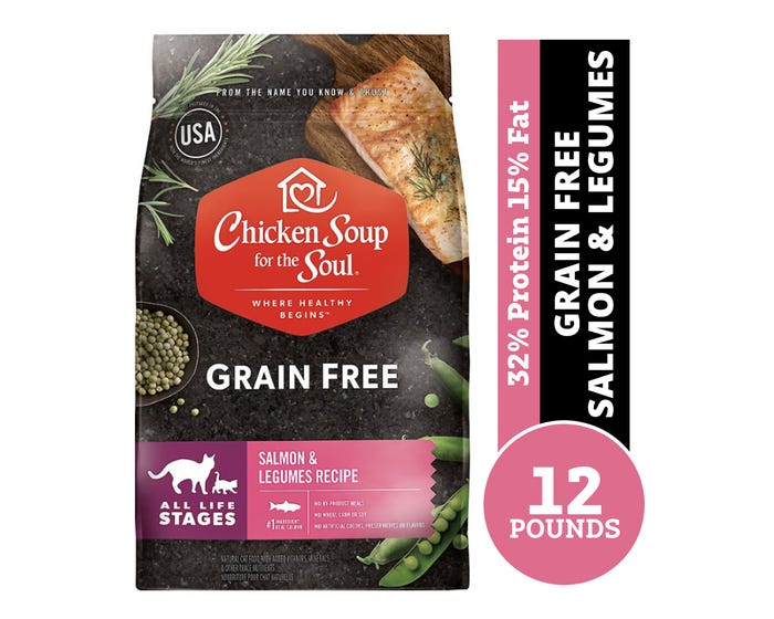 Chicken Soup For The Soul Grain Free Cat Food， Salmon  Legumes Recipe， 12 lb. Bag