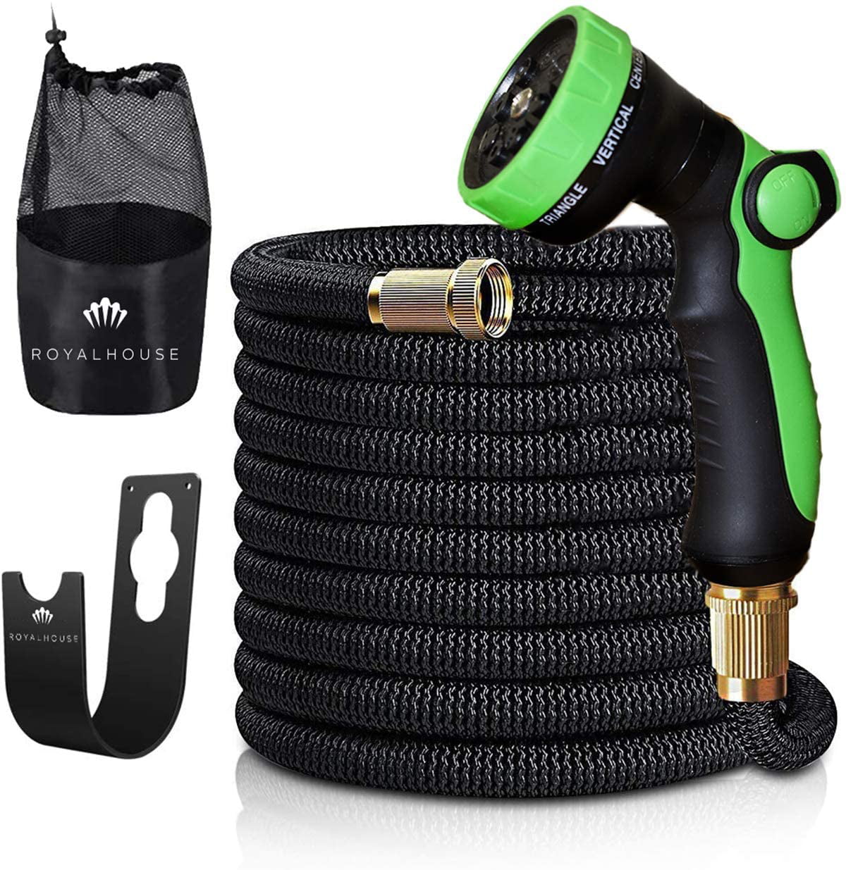 ROYAL HOUSE (100 FT) Black Expandable Garden Hose Water Hose with 8-Function High-Pressure Spray Nozzle， Heavy Duty Flexible Hose - 3/4