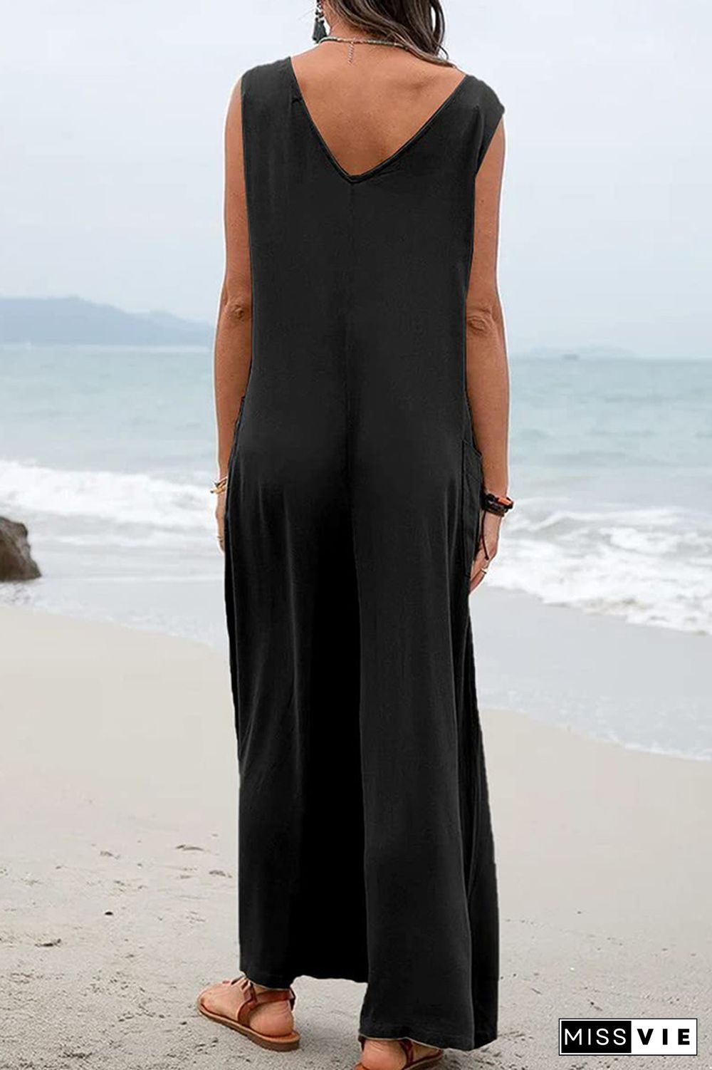 Plain V Neck Pockets Sleeveless Jumpsuit