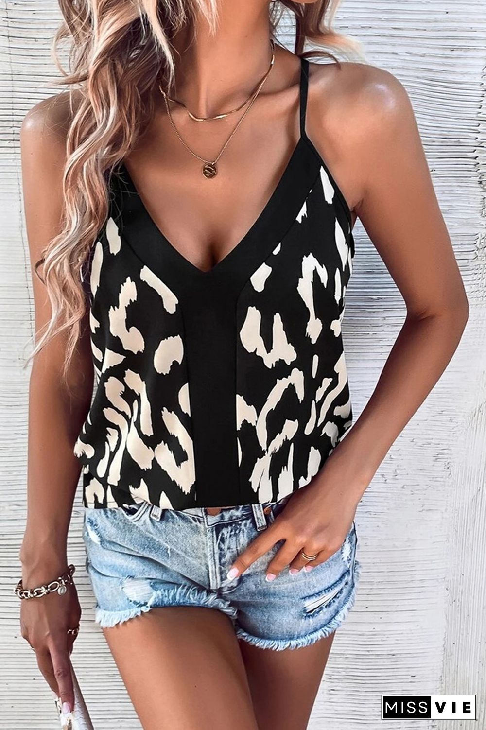 V Neck Leopard Spaghetti Cami Top