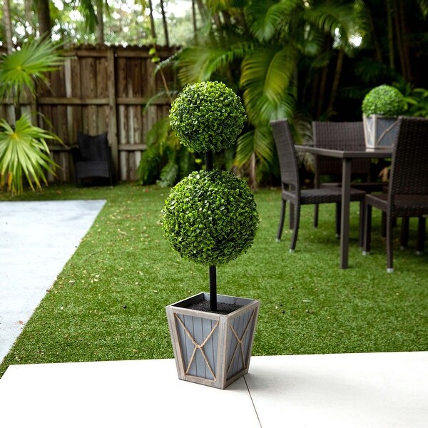 3' UV Resistant Double Ball Boxwood Topiary with Lights in Planter