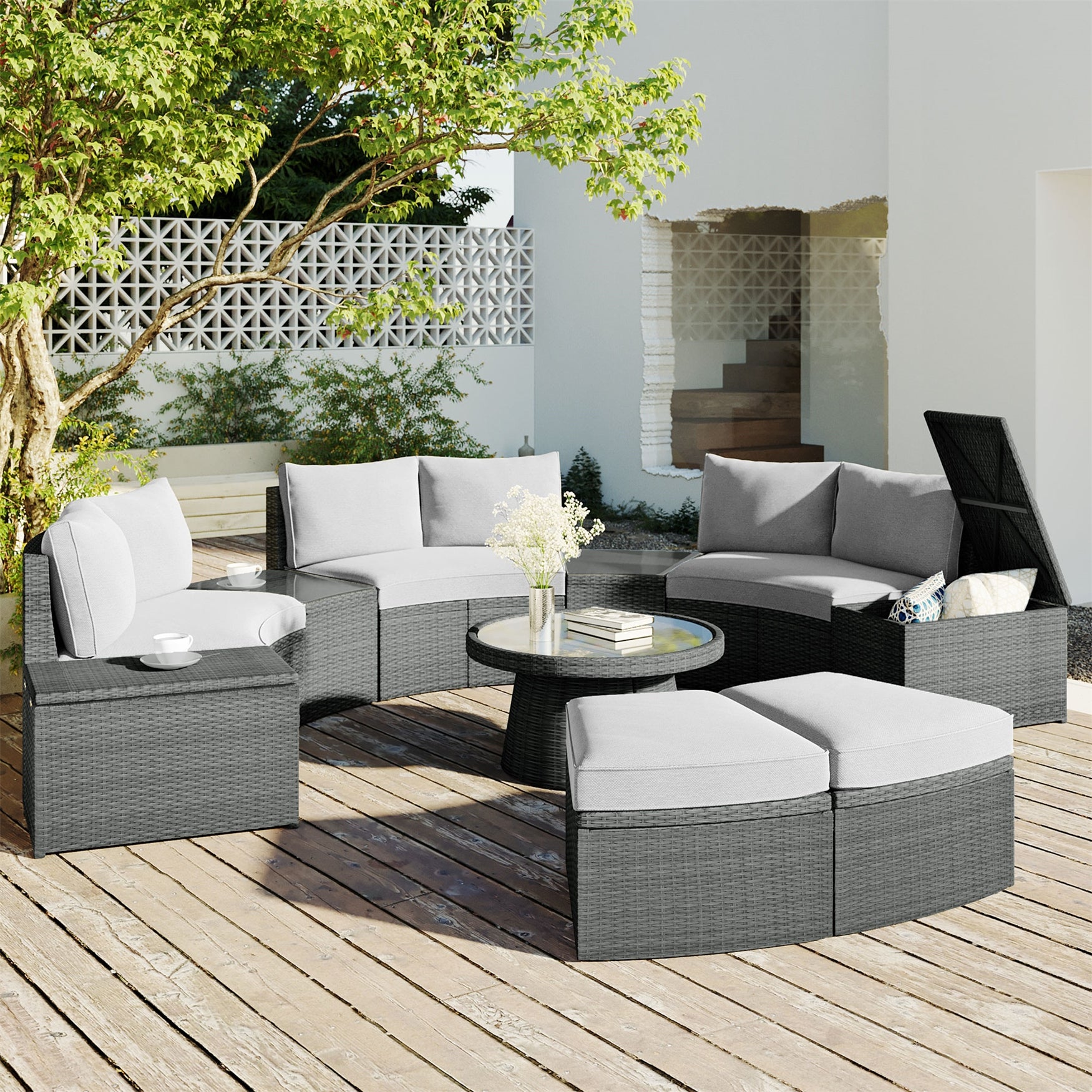 10-Piece Outdoor Sectional Half Round Patio Rattan Sofa Set - Overstock - 37629926