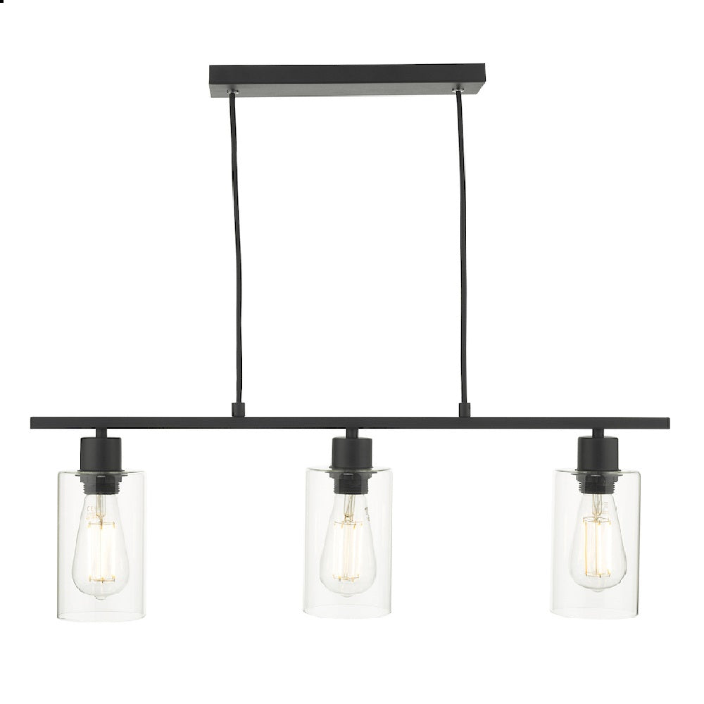 DAR MIU0322 Miu Matt Black & Clear Cylinder Glass 3 Lamp Bar Pendant Light