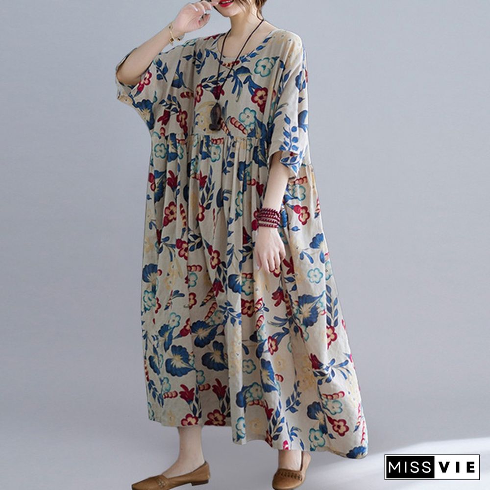 Women Summer Short Sleeve Floral Printed Sundress Casual Loose Long Dress