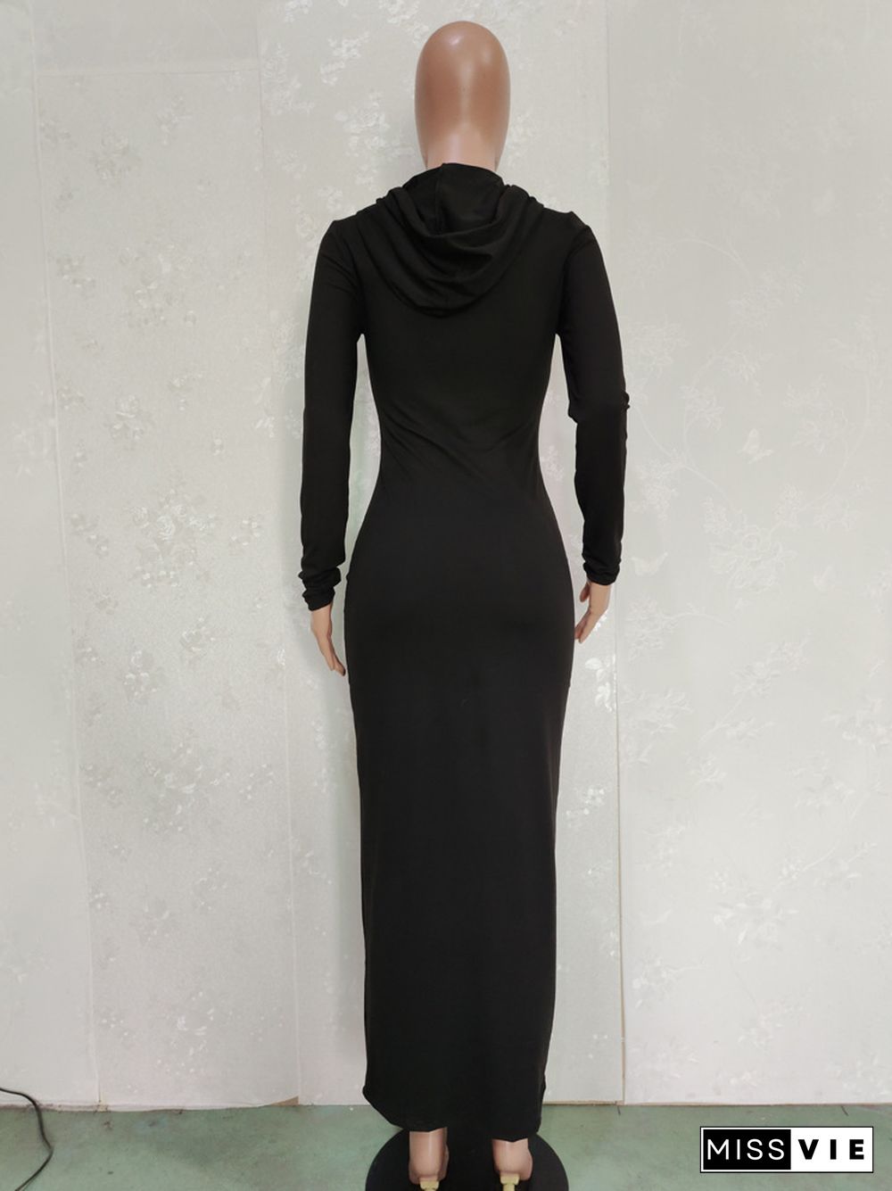 Solid Hooded Long Sleeve Bodycon Maxi Dress