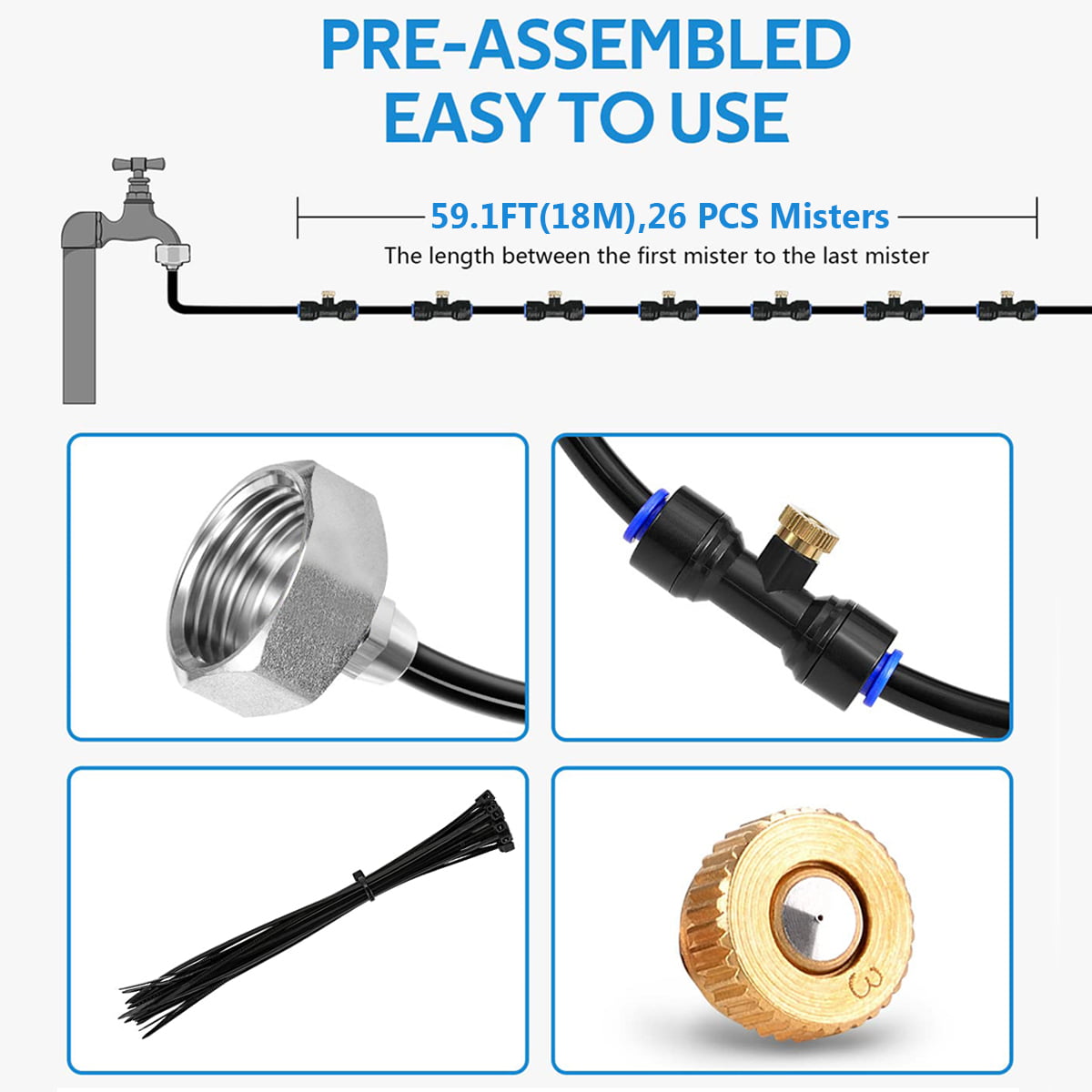 Misting Cooling System，ZPL 59FT (18M) Misting System for Outside Patio With 59FT Misting Line + 26 Brass Mist Nozzles， Outdoor Mister for Garden Greenhouse Trampoline Waterpark