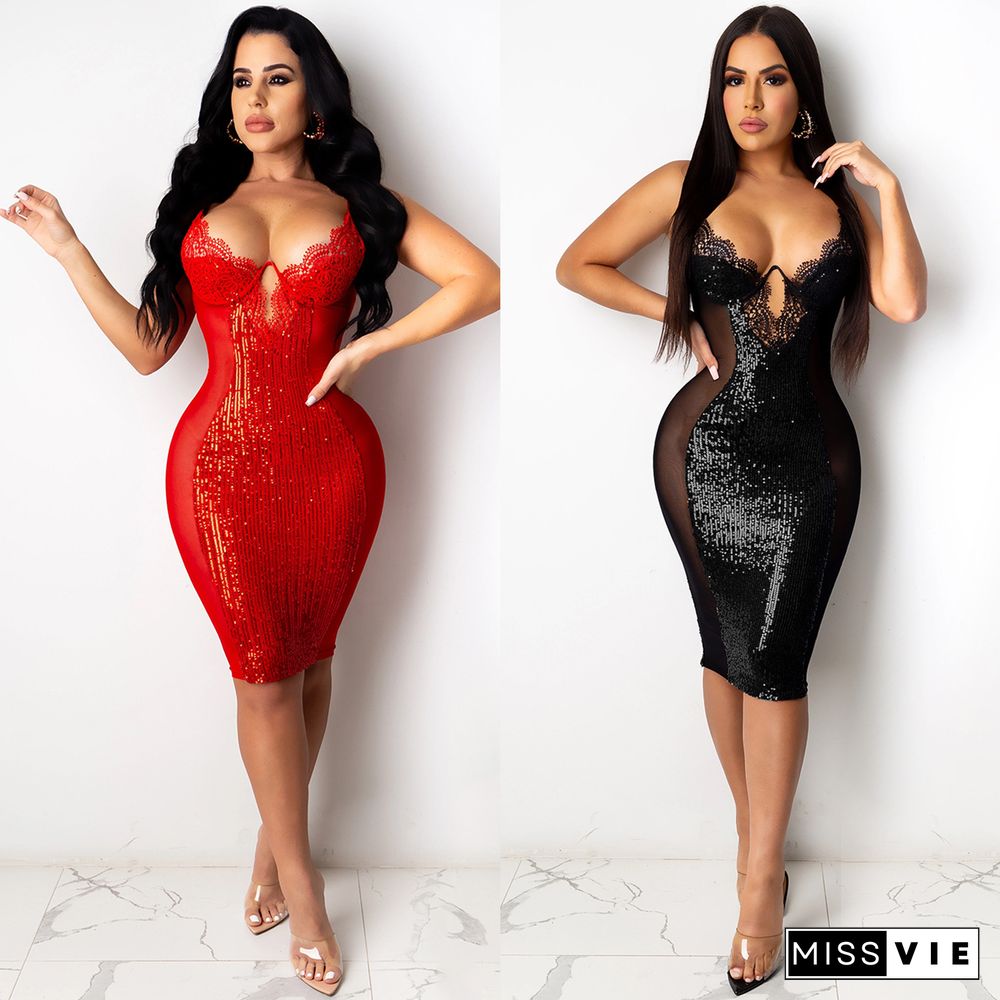 Sexy Solid Lace Patchwork Sleeveless Bodycon Halter Dress