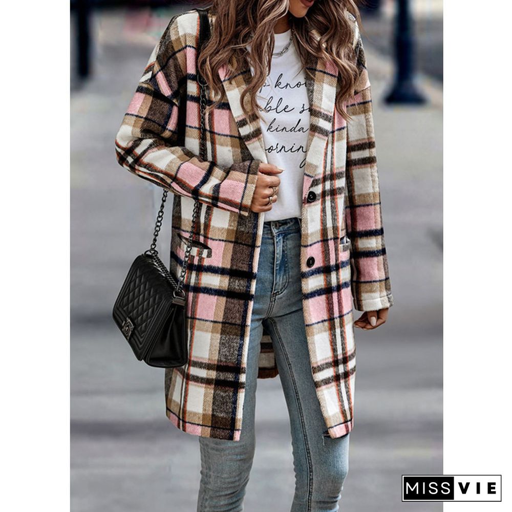 Autumn And Winter Winter Coat Women New Fashion Lapel Single-breasted Long-sleeved Plaid Long Coat Women Jacket