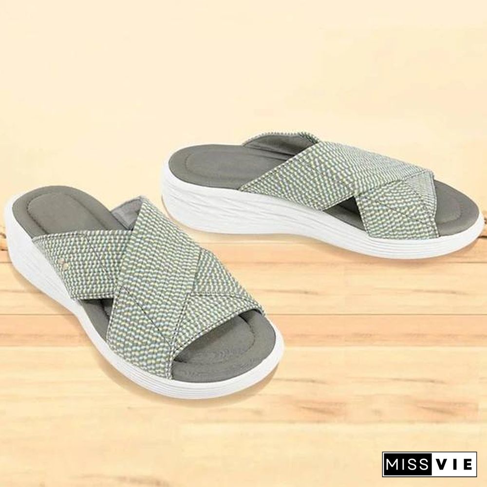 Women Casual Comfortable Net Cloth Cross-Strap Flat Slippers