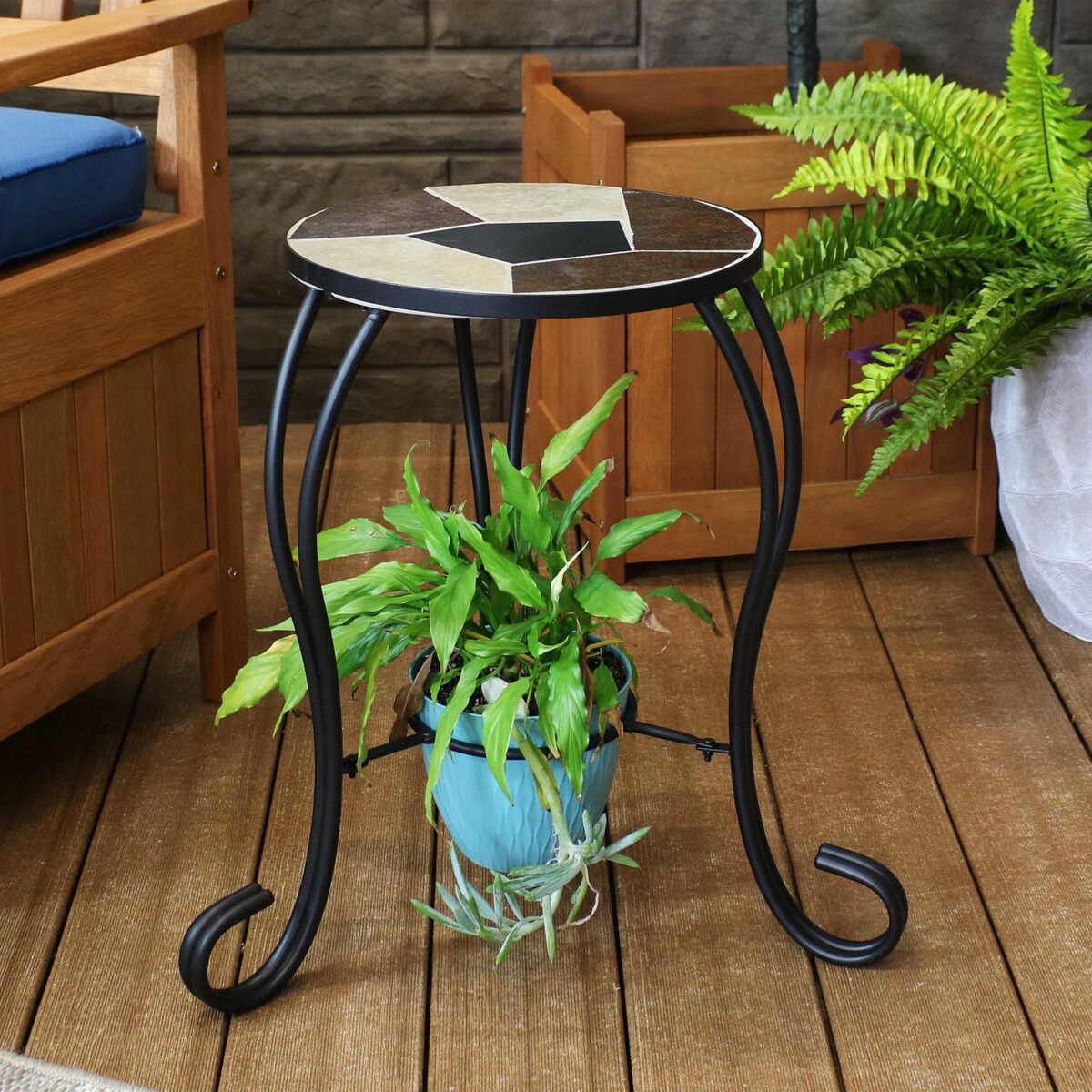 Ultimate Patio 12 3/4-Inch Ceramic Mosaic Tile Side Table W Plant Stand and Steel Frame