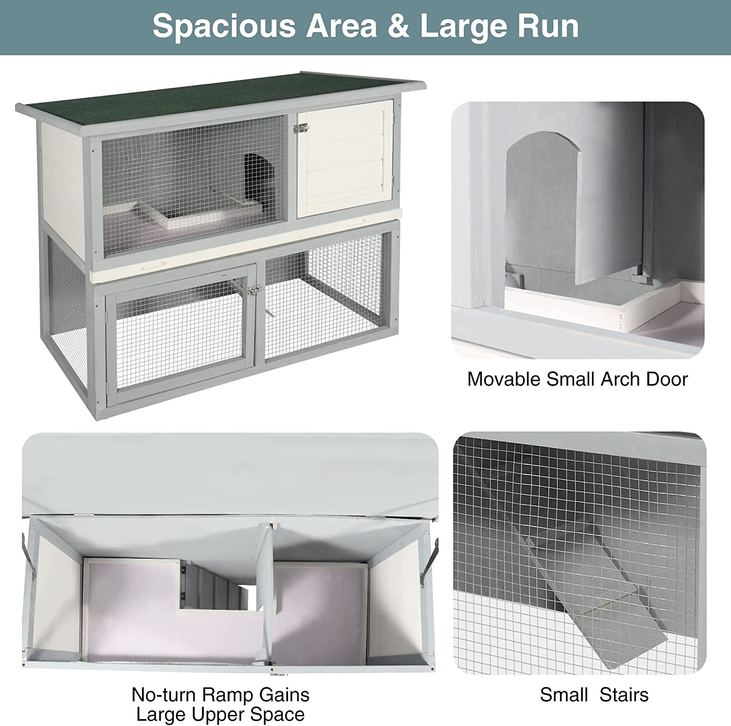 Lineslife Large Rabbit Hutch Without Wire Bottom for Outdoor， 48'' Weatherproof 2 Story Bunny Cage for 2~4 Rabbits with Pull Out Tray and Run， Grey