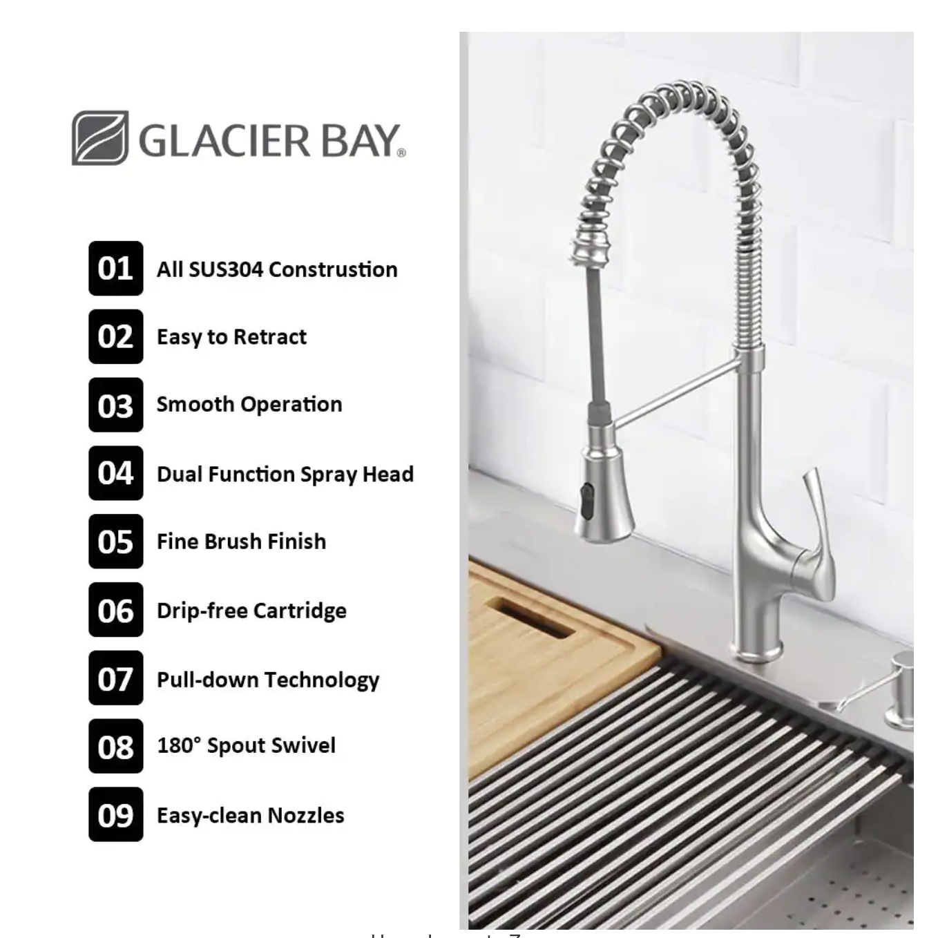 Glacier Bay Zero Radius Drop-in 18G Stainless Steel 33 in. 2-Hole 50/50 Double Bowl Workstation Kitchen Sink with Spring Neck Faucet