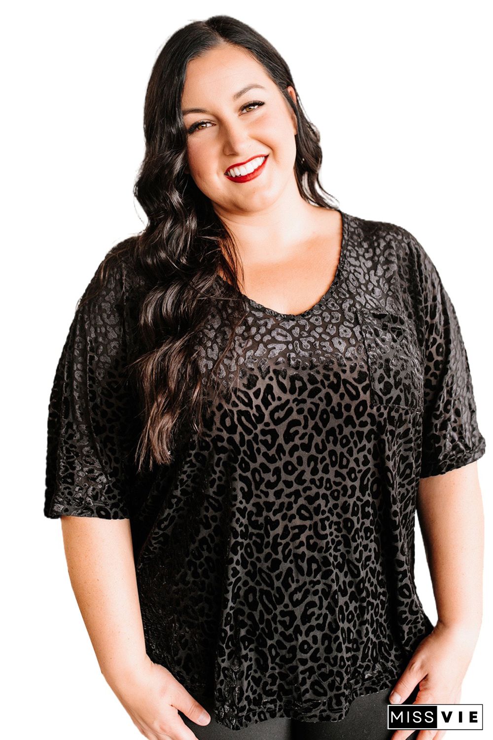 Black Plus Size Leopard Emboss V Neck Top