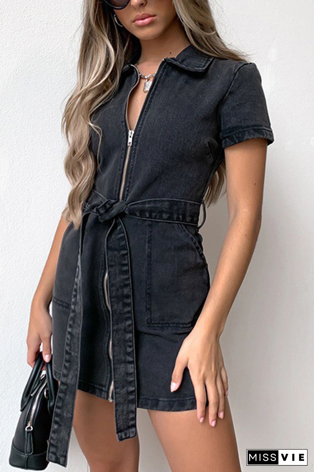 Denim Zip Front Mini Dress Wholesale