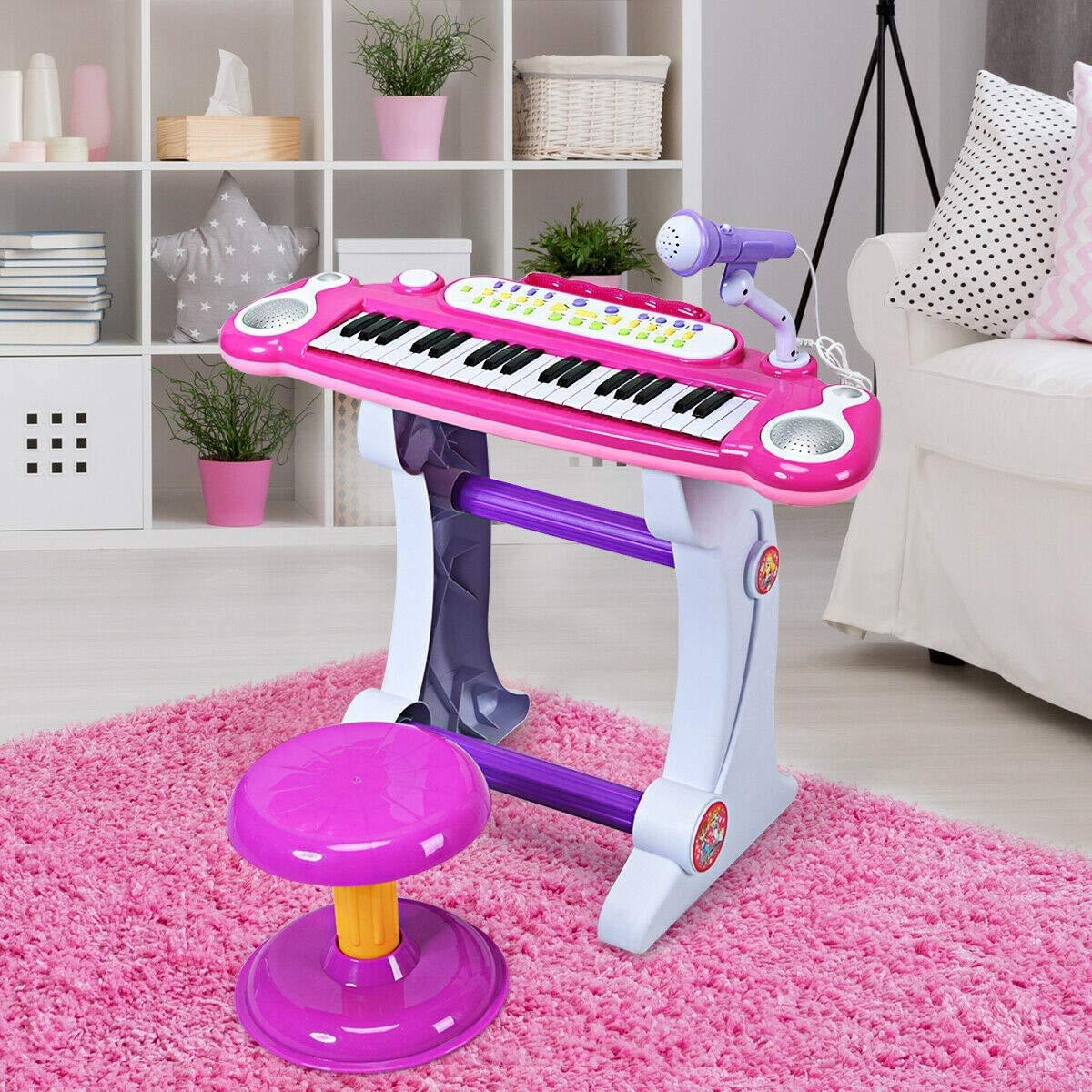 Costzon Electronic Keyboard 37-Key Piano, Musical Piano w/Record and Playback for Kids, Working Microphone & Stool