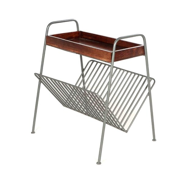 25 Inch Rectangular Metal Frame Side Table， Magazine Rack， Mango Wood Tray Top， Brown， Pewter Gray - 22 L x 18 W x 24.5 H