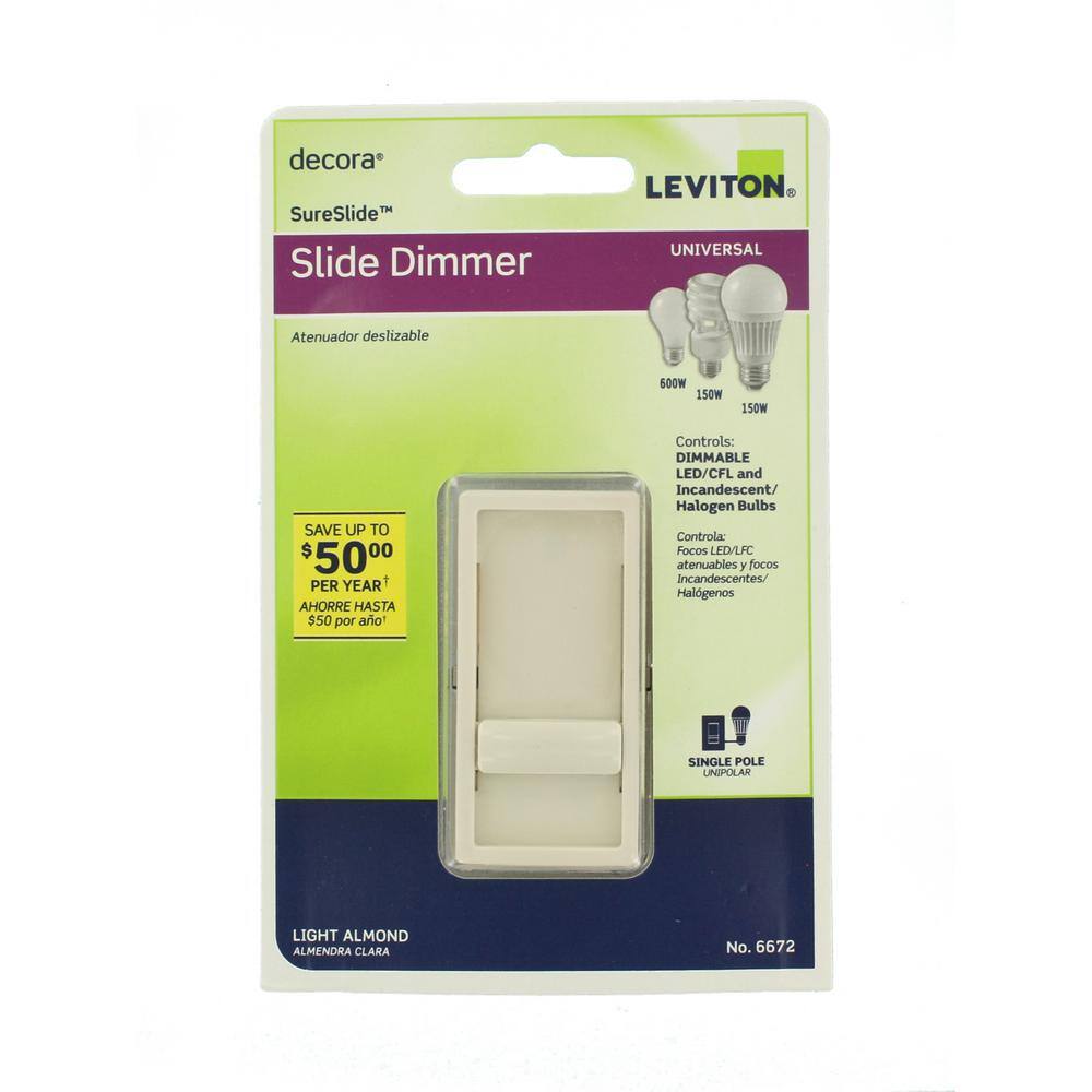 Leviton SureSlide Universal 150-Watt LEDCFL Incandescent Slide-To-Off Dimmer Light Almond 6672-1LT