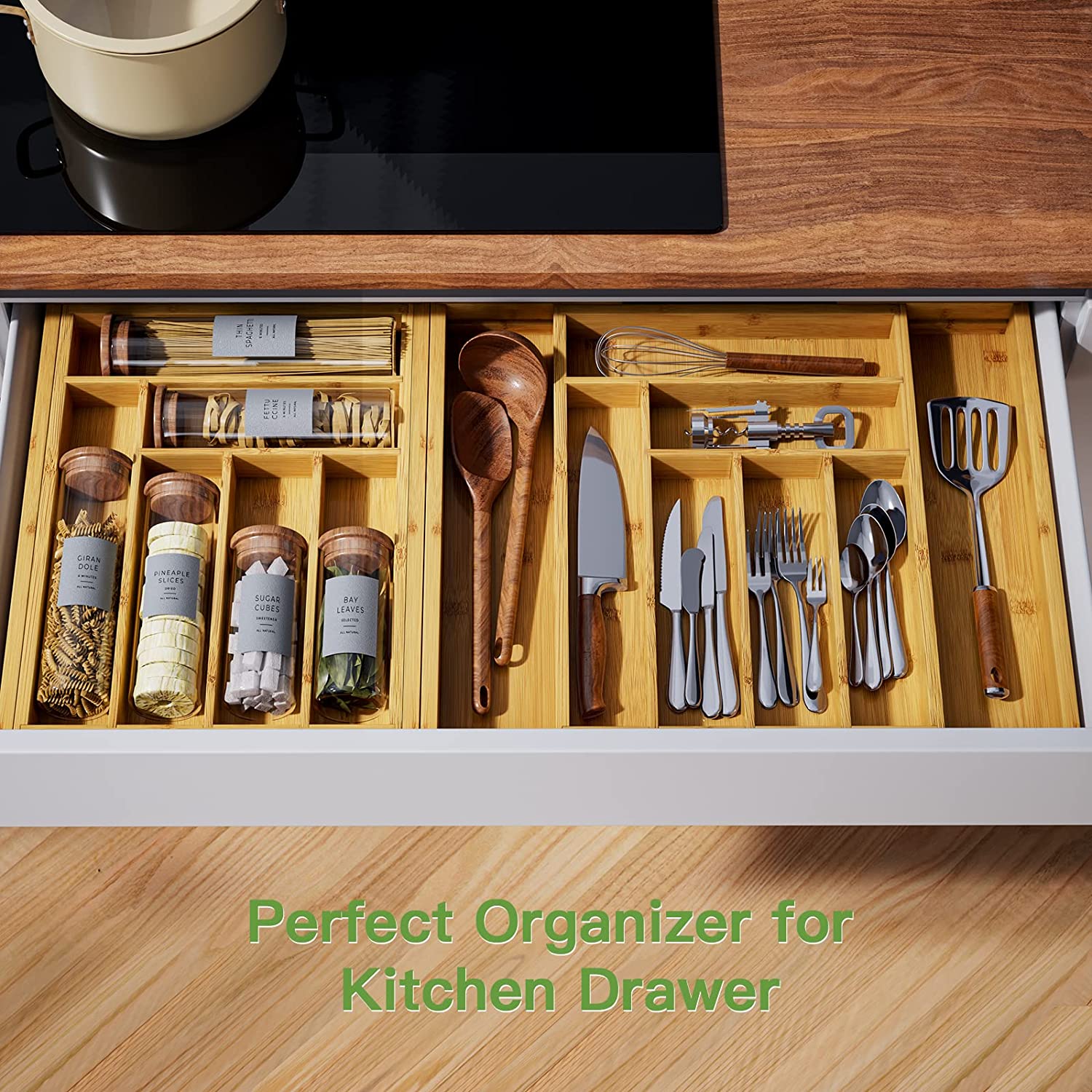 Bamboo Expandable Drawer Organizer for Utensils Holder