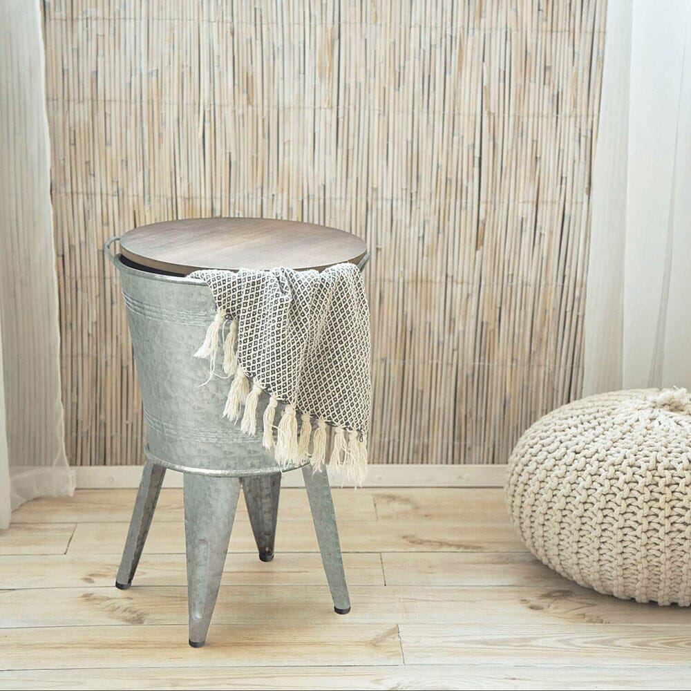 Farmhouse Accent Side Table - Galvanized Rustic End Table. Metal Storage Bin