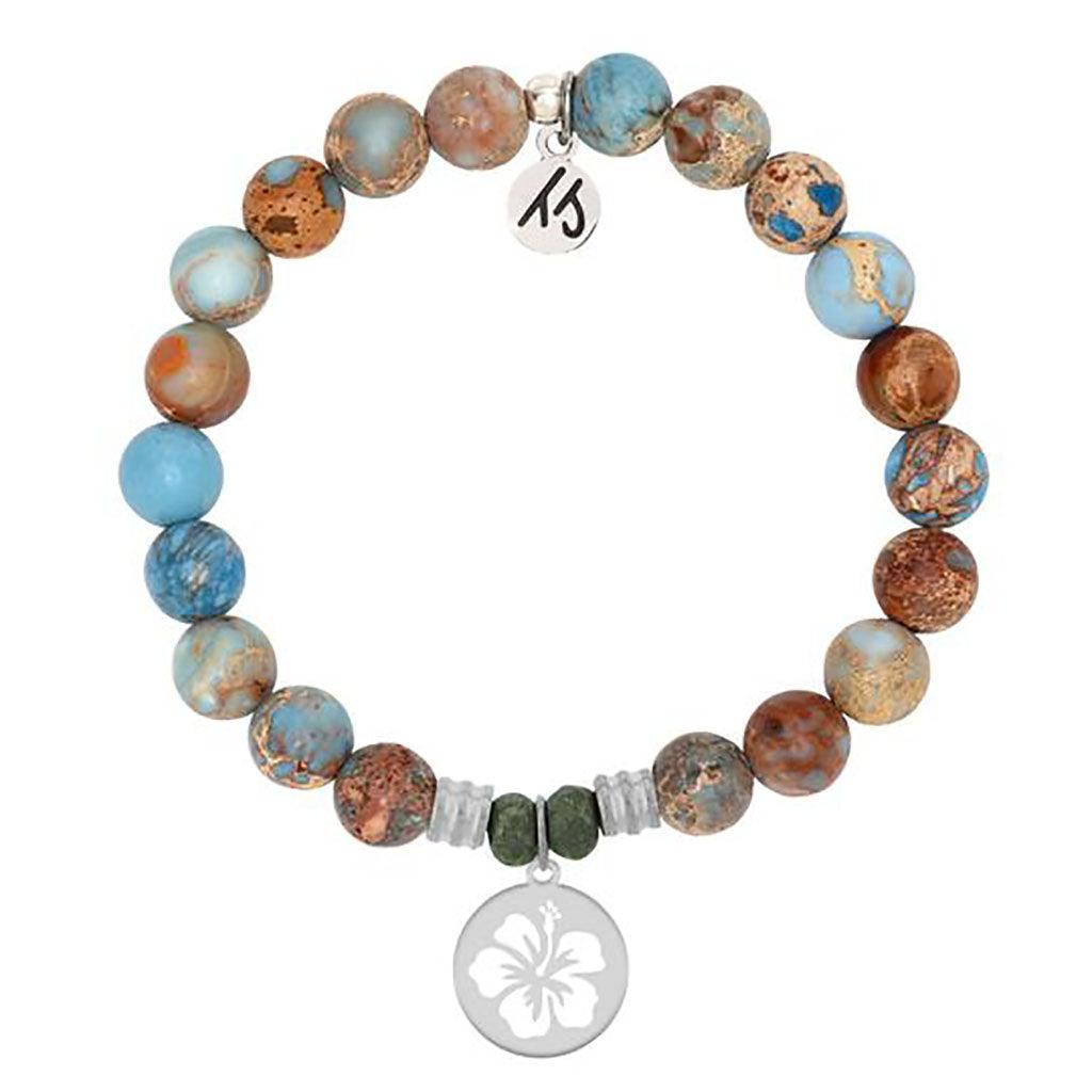 T. Jazelle  Sky Jasper Stone Bracelet with Hibiscus Flower Sterling Silver Charm