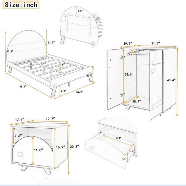 3 Pieces Wood Bedroom Sets with Platform Bed ，Nightstand andWardrobe - - 37832119