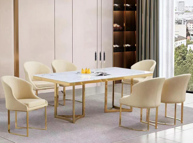 7 Pcs Dining Set Beige and Gold with Marble top