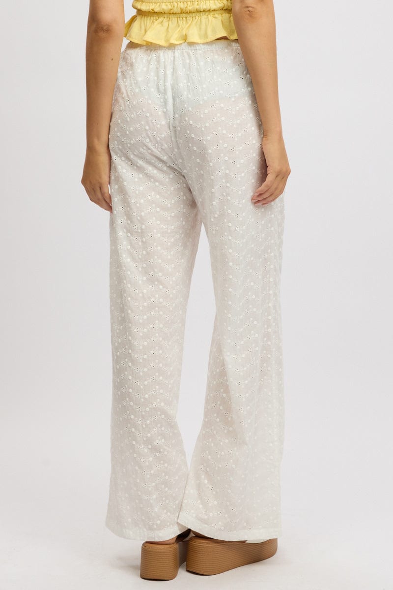 White Wide Leg Pants High Rise Eyelet Fabric